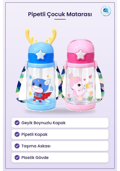 Geyik Boynuzlu Matara Çocuk Suluk Pipetli Asklı Kapaklı Plastik Ş Çok Renkli