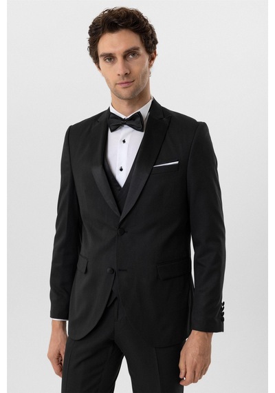 Süvari Siyah Slim Fit Armürlü Sivri Yaka 6 Drop Smokin & Damatlık