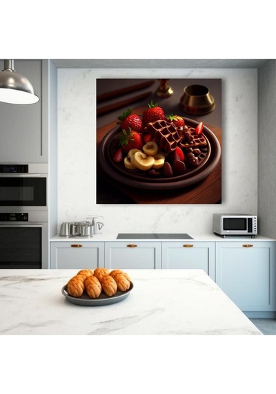 Çilek Muz Ve Çikolatalı Waffle Görünümlü Pastahane Kafe Kafeterya Ve Mutfağa Asmalık Hd Baskı Kanvas Tablo