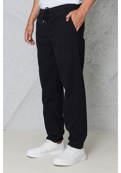 Blayn Jeans Erkek Haki Jogger Pantolon Beli Lastikli Bağcıklı %100 Pamuk Keten Baggy Rahat Günlük Pantolon siyah