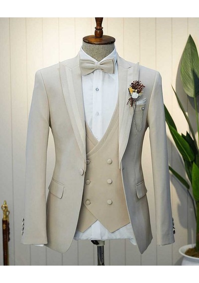 Bys Beystil Erkek Krem Slimfit Yelekli Damatlık & Smokin 20103