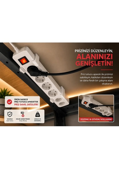 Veriqo 3d Masa Altı Uzatma Kablosu Tutucu Kablo Prizi Sabitleme Aparatı Vida Montajlı Beyaz