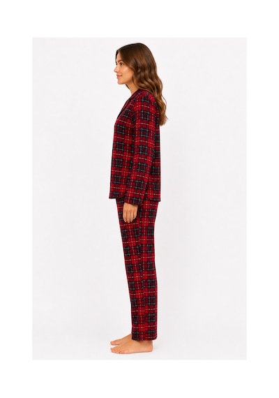 Sleeproom Kadın Mevsimlik Süet Uzun Kol Ekose Desen Kırmızı Pijama Takımı