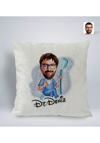 Bk Gift Kişiye Özel İsimli Erkek Diş Hekimi Karikatürlü Kare Araç Koltuk Yastığı-2 Çok Renkli