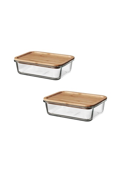 2 Parça Bambu Kapaklı Vakumlu Cam Saklama Kabı 1lt 21x15x7cm Şeffaf