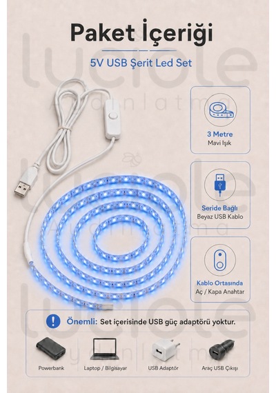 3 Metre Usb Mavi Şerit Led 5v Aç Kapa Anahtarlı Gaming Tv Masa Raf Powerbank Dekoratif Led
