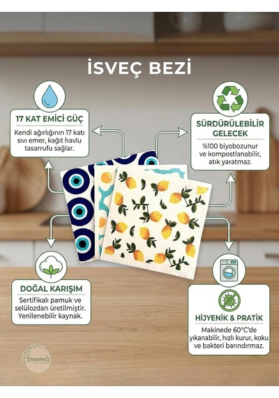 Swedish Dishcloth İsveç Bezi Renkli Desenli 3'lü Paket, Sürdürülebilir, Tekrar Kullanılabilir, Çok Renkli