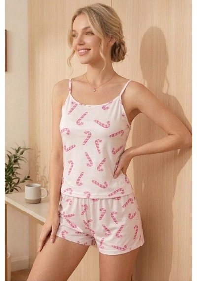 Baston Şeker Desenli İp Askılı Şortlu Pijama Takımı 4613 -pembe