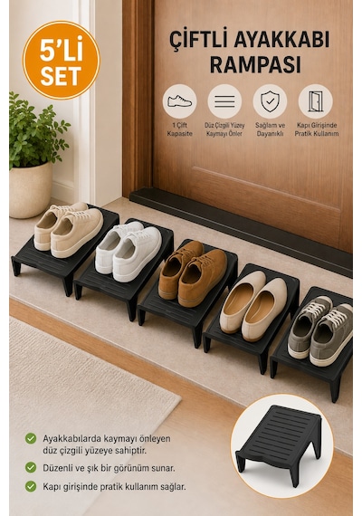 Çiftli Ayakkabı Rampası 5'li Set Ayakkabı Düzenleyici Organizer Siyah