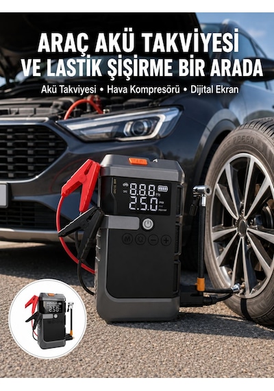 Araç İçin 4 Fonksiyonlu Akü Takviye Ve Lastik Şişirme Cihazı Yeni Nesil