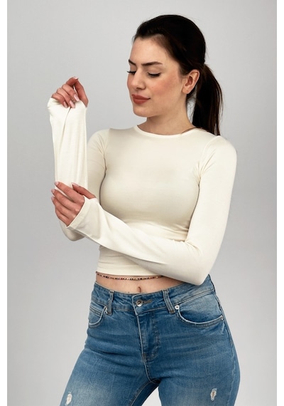 Kadın Bisiklet Yaka Parmak Detaylı Spor Body Basic Soft Touch Spor Crop Ekru