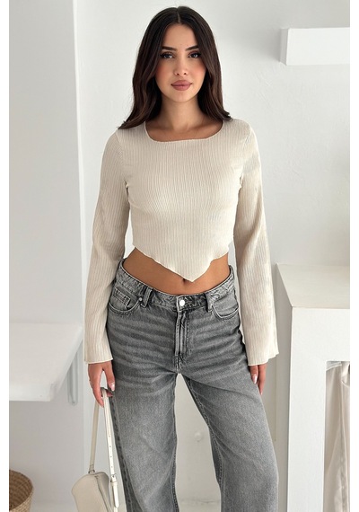 Noa & Noa İspanyol Kol Ribanalı Sivri Etek Uçlu Crop Bluz Modern & Vücuda Oturan Stil Bej
