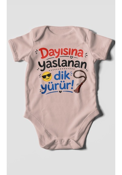 Morivokids Dayısına Yaslanan Dik Yürür Kısa Kollu Bebek Body %100 Pamuk Pastel Pembe