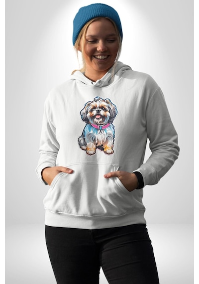 Shih Tzu Renkli Köpek Kadın Erkek Beyaz Kapüşonlu Sweatshirt Hoodie Beyaz