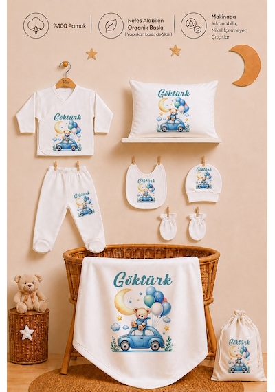Pia Baby İsme Özel Erkek Bebek Zıbın Seti 8 Parça %100 Pamuk Hastane Çıkışı Keseli Hediye Seti 1056zybk0x Ekru