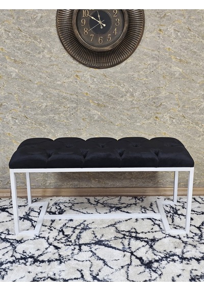 Zafir Beyaz Boyalı - L - Ayaklı 100 Cm X 38 Cm Oturak - Bench - Makyaj Taburesi - Makyaj Oturak Siyah