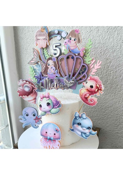 Deniz Kızı Temalı Kız Çocuk Doğum Günü İsme Özel 3d Pasta Süsü Seti Cake Topper Çocuk