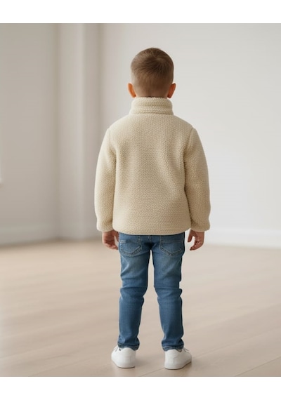 Smalltouch Unisex Çocuk Yumuşak Dokulu Astarlı Fermuarlı Cepli Peluş Hırka Bej