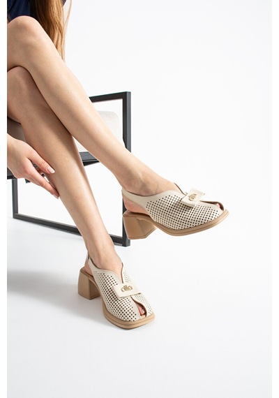 Dericia Shoes Allone Hakiki Deri Kadın Günlük Rahat Topuklu Sandalet Bej