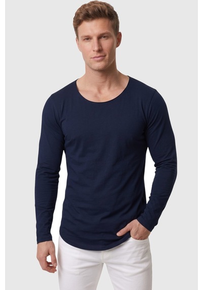 Rizzup Erkek Lacivert %95 Pamuk Slim Fit Kesik Açık Yaka Likralı Penye Sweatshirt Oval Kesim 2602299