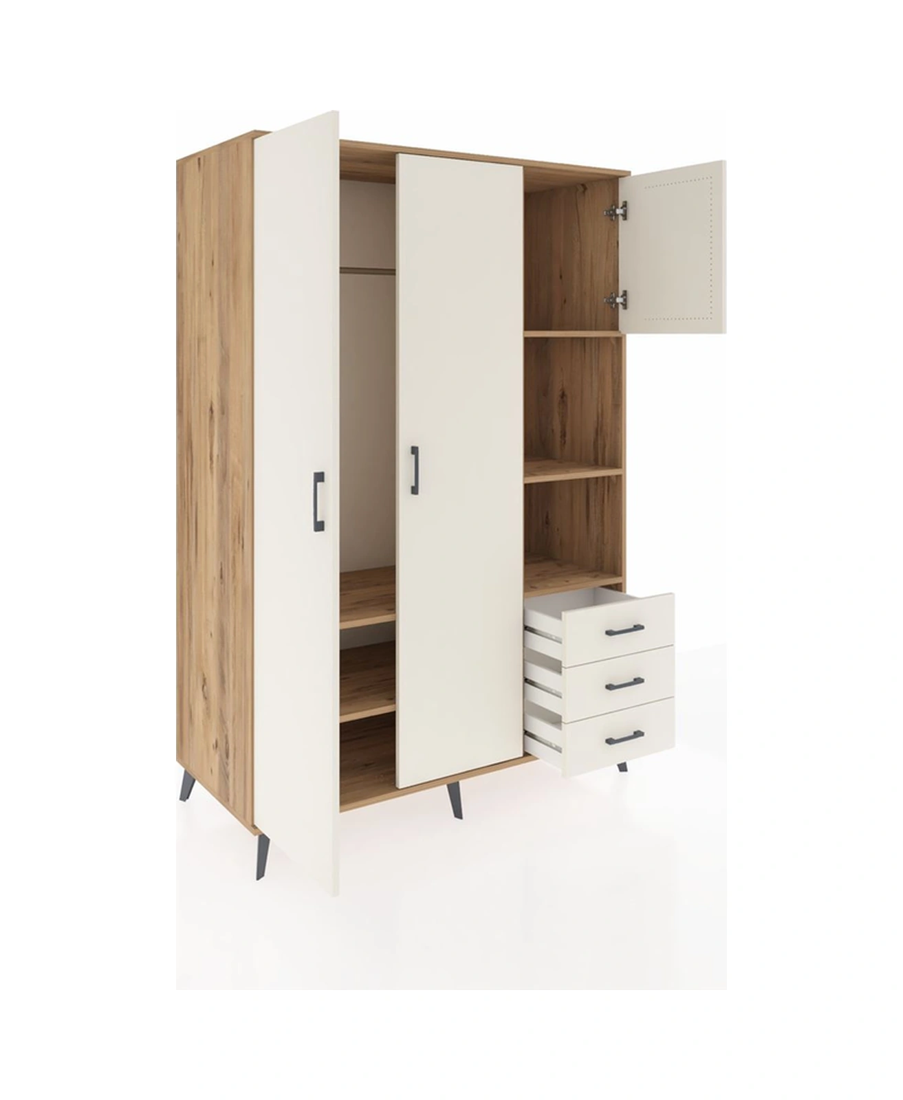 Kronos Dolap 5 Raflı 3 Çekmeceli Tek Askılı 132x59x195 Çam-ay... Çam