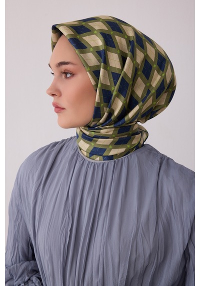 Belli Geometrik Desen %100 Twill İpek Eşarp Be08 Yeşil 11396168
