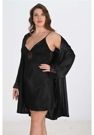 Modenya Premium Büyük Beden Saten Dantel İşlemeli Siyah 2'li Gecelik Sabahlık Takımı Bigsize 2xl Modenya Premium Büyük Beden Saten Dantel İşlemeli Siyah 2'li Gecelik Sabahlık Takımı Bigsize 2xl