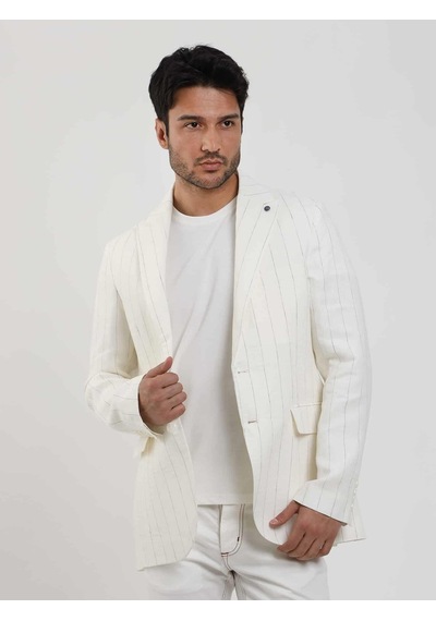 Dufy Ekru Erkek Regular Fit Çizgili Sivri Yaka Keten Ceket - 104438-ekru Ekru