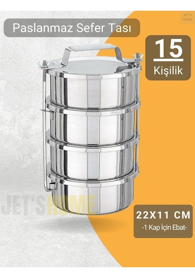4 Lü Sefer Tası 22x11 Cm Yemek Taşıma Kabı Paslanmaz Çelik No:6 Metalik Gri