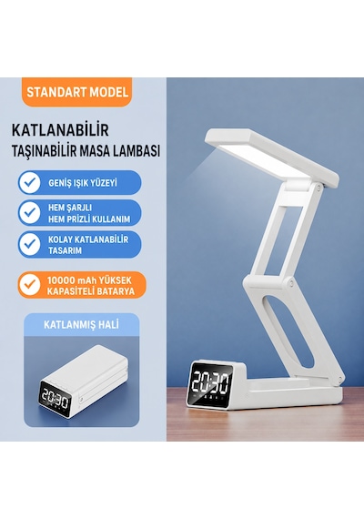 Katlanabilir Led Masa Lambası 3 Renk Işıklı, Dijital Saatli, 10000 Mah Şarjlı Bataryalı, Taşınabilir Beyaz Çalışma Lambası Renkli