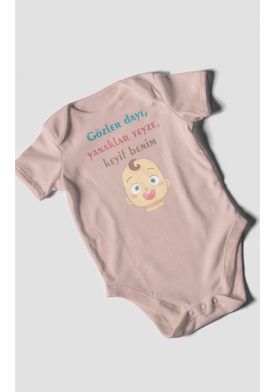 Gözler Dayı Yanaklar Teyze,keyif Benim Baskılı Bebek Zıbını Çıtçıtlı Body %100 Pamuk Kısa Kol Pastel Pembe