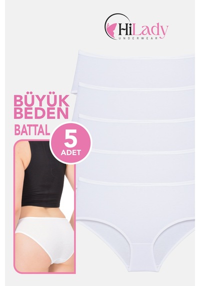 Kadın Külot, Orta Yüksek Bel Büyük Beden Külot 4xl-5xl-6xl 5 Adet, Yumuşak Pamuklu Rahat Kumaş Beyaz