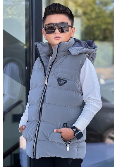 Pina Kids Erkek Çocuk Çıtçıt Kapüşonlu Nova Kumaş Şişme Yelek Ylk3026 Füme