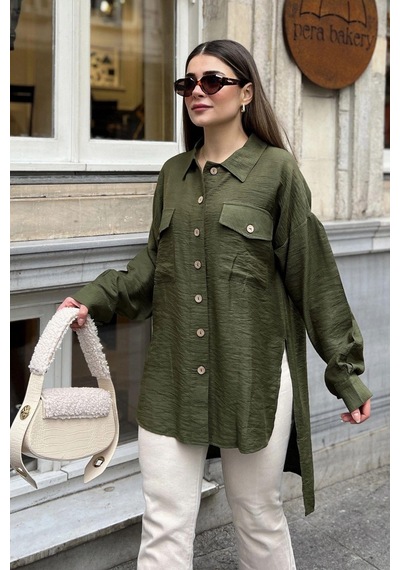 WeShaya Kadın Haki Balon Kol, Pileli, Yırtmaçlı, Oversize, Keten Tunik Gömlek Haki