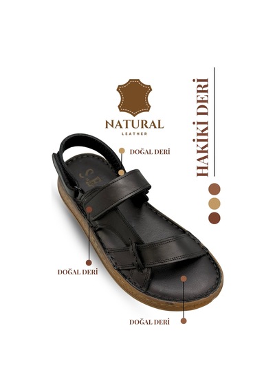 Sermoda Hakiki Deri Erkek Sandalet - Yumuşak Kalın Tabanlı Hakiki Deri Erkek Sandalet Siyah