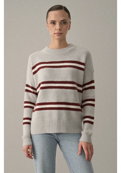 Laluvia Bordo Renkli Çizgili Oversize Triko Kazak - 2516 Bordo