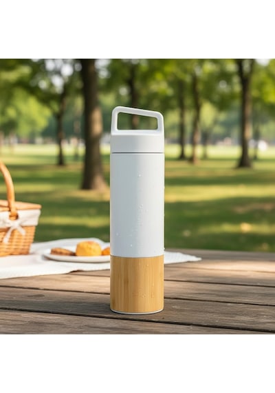 600 Ml Bambu Tabanlı Kulplu Çelik Termos Mug - 5 Renk Seçenekli Sıcak/soğuk Tutucu Seyahat Bardağı Beyaz Çok Renkli