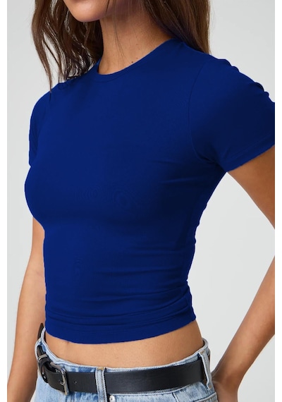 Saks Bisiklet Yaka Basic Kadın Tişört Mg1725 Saks