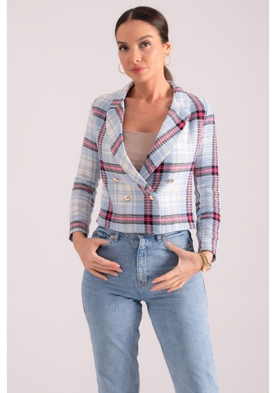 Armonika Kadın Mavi-fuşya Kruvaze Yaka Tüvit Crop Ceket Arm-24k001014
