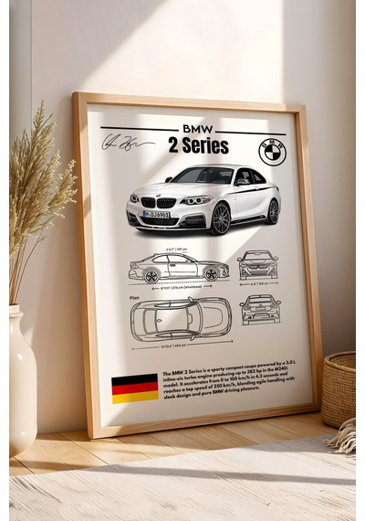 Bmw 2 Serisi Tablo - Teknik Özellikli Alman Spor Coupe Poster - Çerçeveli Duvar Dekoru - Blueprint Kayın