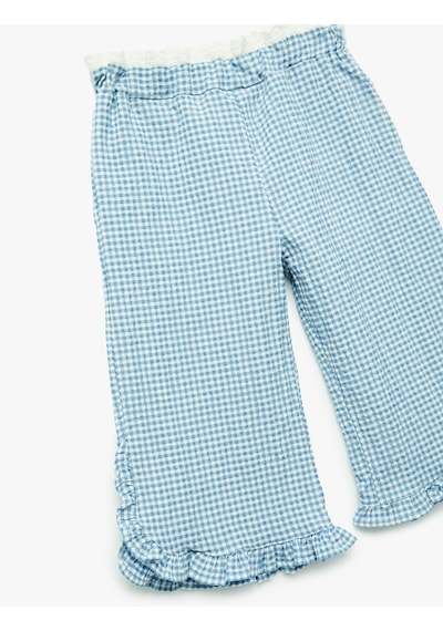 Koton Beli Lastikli Fırfır Detaylı Pötikare Pantolon Mavi Ekose 5smg40055aw Mavi Ekoseli