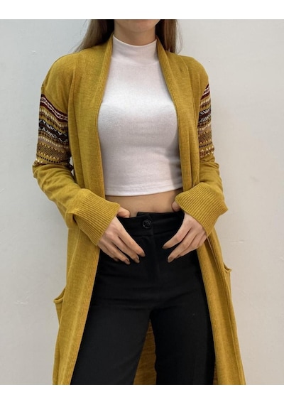 Onno Style Woman Spor Triko Kilim Desenli Uzun Hırka HARDAL