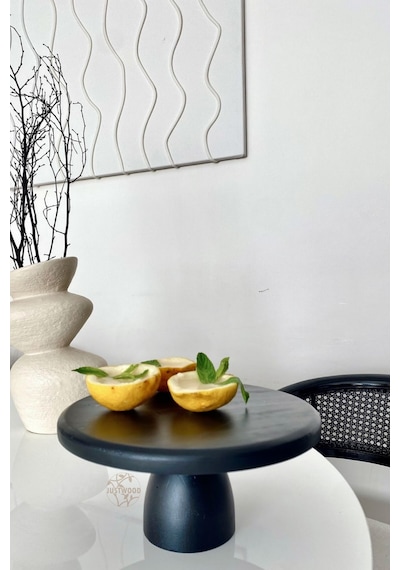 Lucca Siyah 25 Cm Ahşap 10 Cm Ayaklı Yuvarlak Pasta Sunum Tabağı