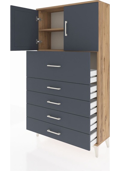 Arges Dolap 2 Raflı 5 Çekmeceli 2 Kapaklı 88x30x163 Çam-antrasit Atlas Çam