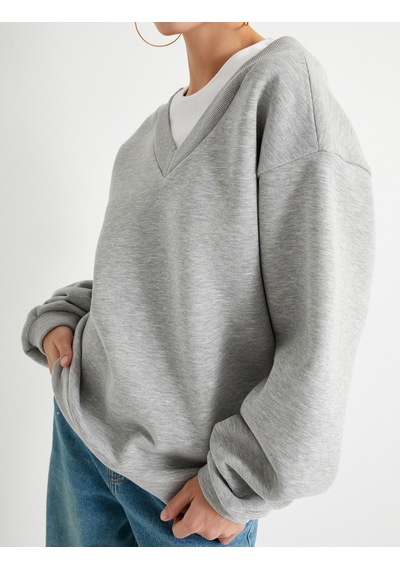 Koton Rahat Kalıp Atlet Detaylı Uzun Kollu Bisiklet Yaka Şardonlu Sweatshirt Gri Melanj 7wal10050ık