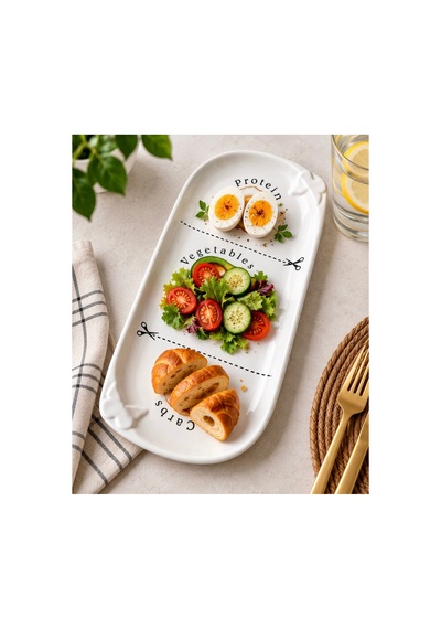 Porsiyon Kontrol Diyet Tabağı 34 Cm Protein Sebze Karbonhidrat Desenli Seramik Sağlıklı Beslenme Servis Tabağı Beyaz