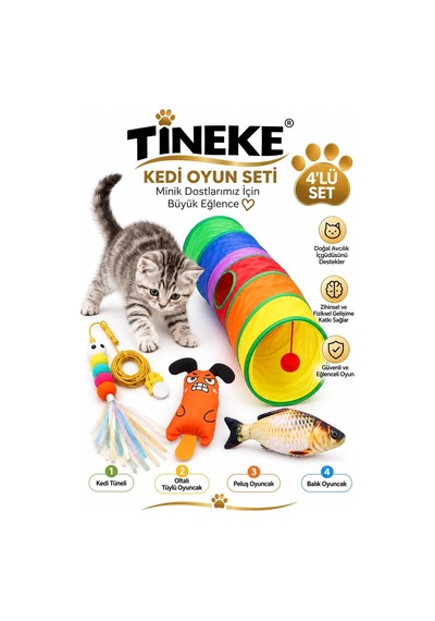 Tineke Oyun Seti Kedi Tünel Elastik Olta Peluş Balık Sazan Peluş Fare Turuncu Kedi Oyuncağı