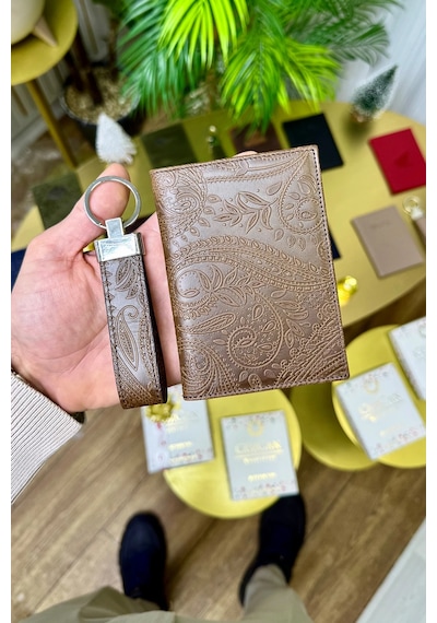 Premium Deri Ruhsat Kılıfı Ve Anahtarlık Seti Taba Motifli