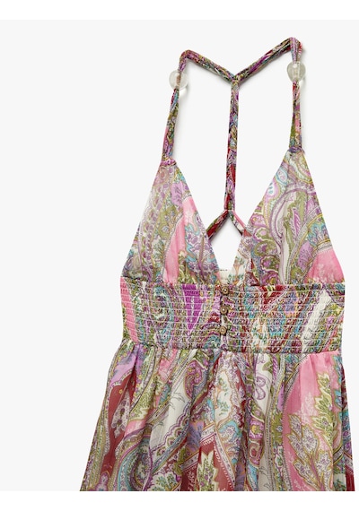 Koton Astarlı Etnik Desenli Kat Kat Halter Yaka Askılı Uzun Şifon Elbise Mor Desenli 5sak80120pw Mor Desenli