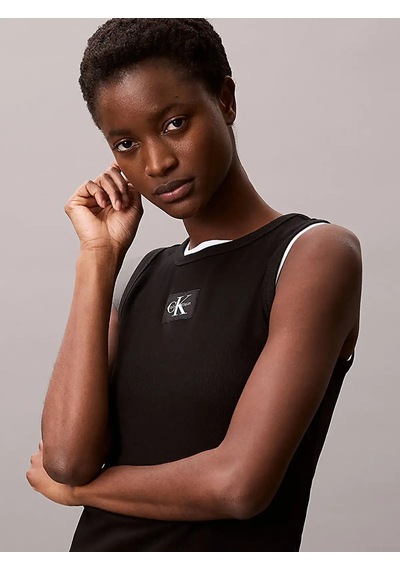 Calvin Klein A - Woven Label 2x2 Cotton Rıb T Siyah Kadın Tişört
